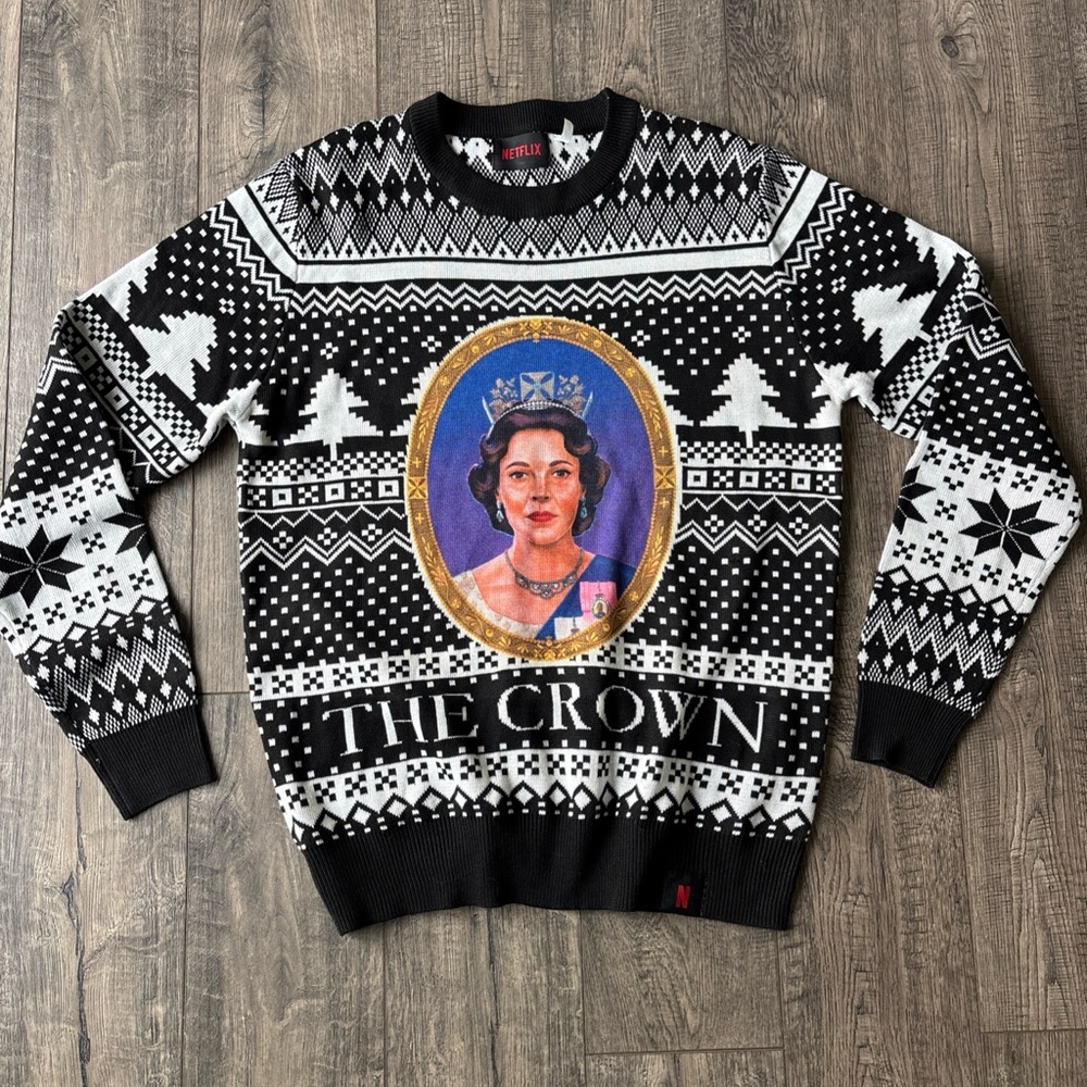 Netflix the Queen ugly Christmas sweater Black and White Patterned unisex